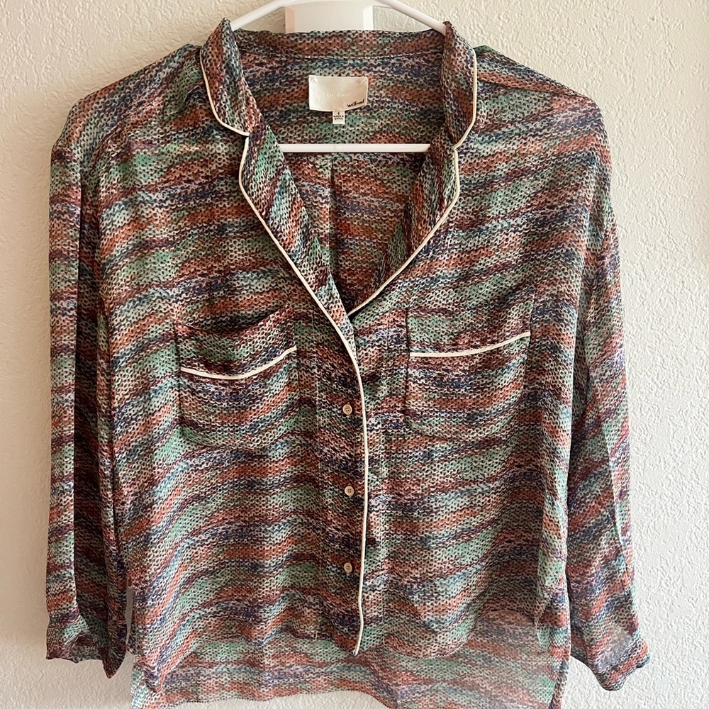 Aritzia Le Fou Wilfred Multicolor Button-Down Blouse with Piped Trim